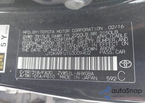 2016 Toyota Prius Three z USA, uszkodzony, nr VIN JTDKARFU1G3009402